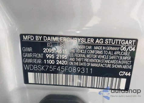 2005 Mercedes-Benz Sl 500 from USA, damaged, VIN WDBSK75F45F089311